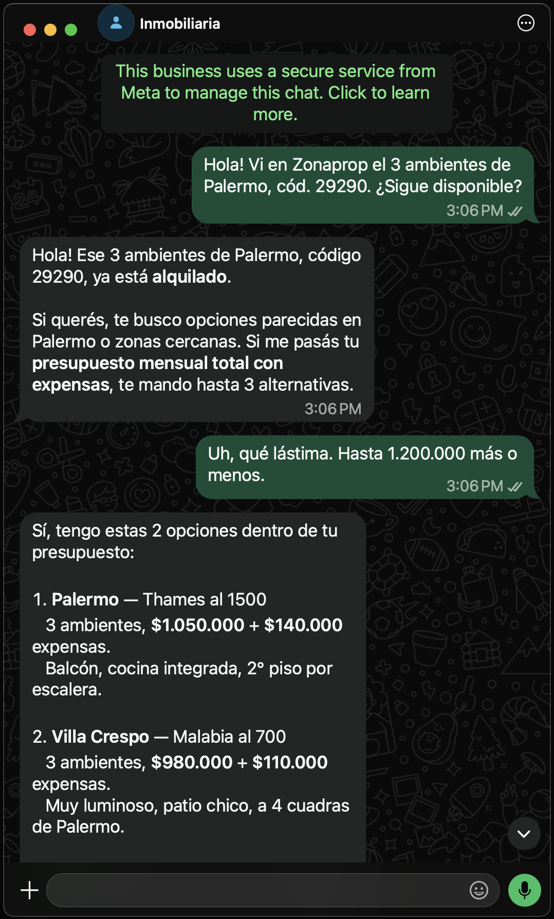 Captura del chat: la propiedad ya alquilada y las dos alternativas que ofrece el agente