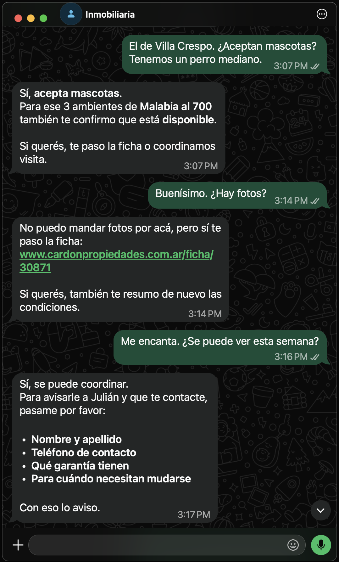 Captura del chat: la consulta por mascotas, la ficha de la propiedad y el pedido de visita