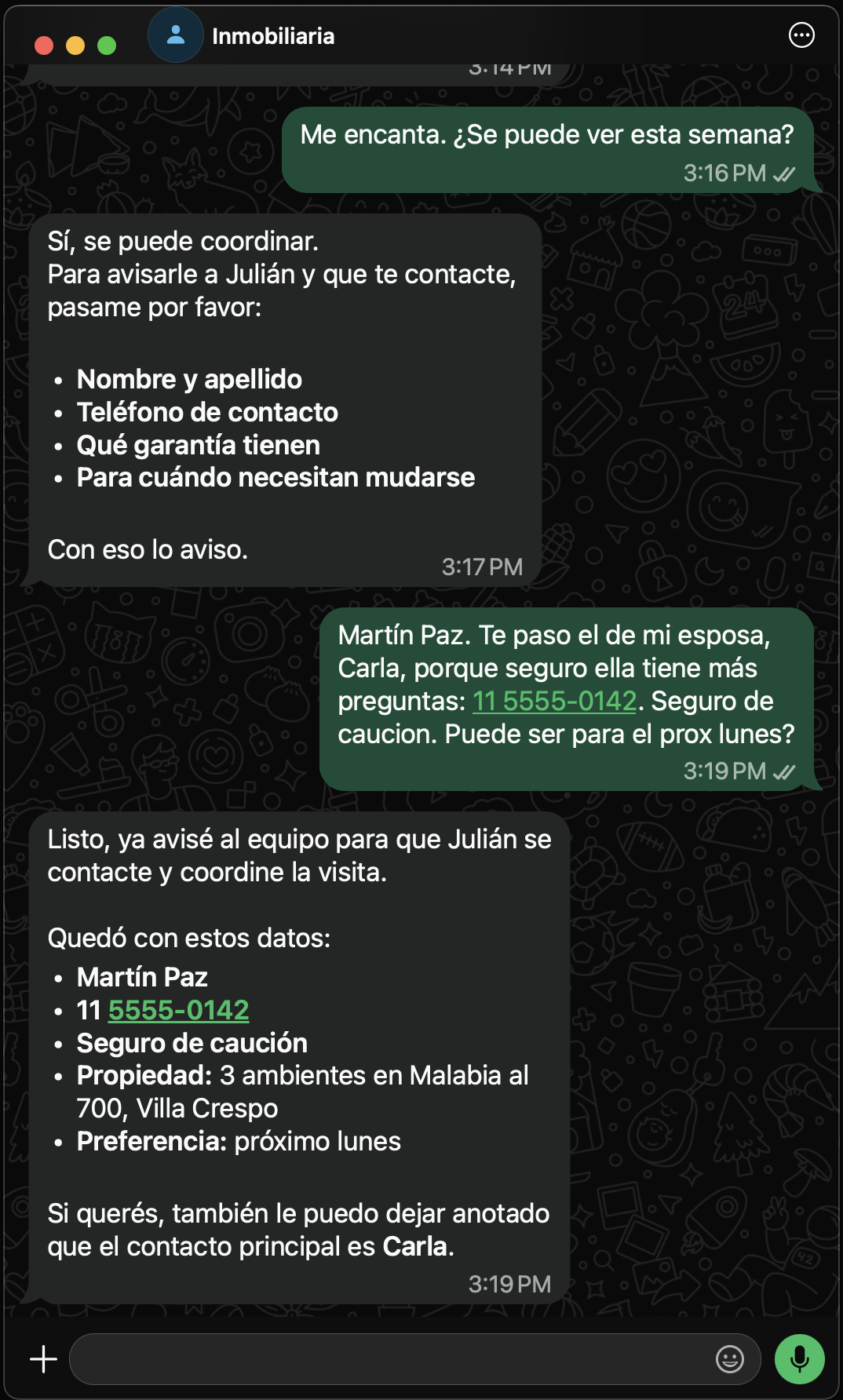 Captura del chat: los datos de contacto que deja el interesado y la confirmación del agente