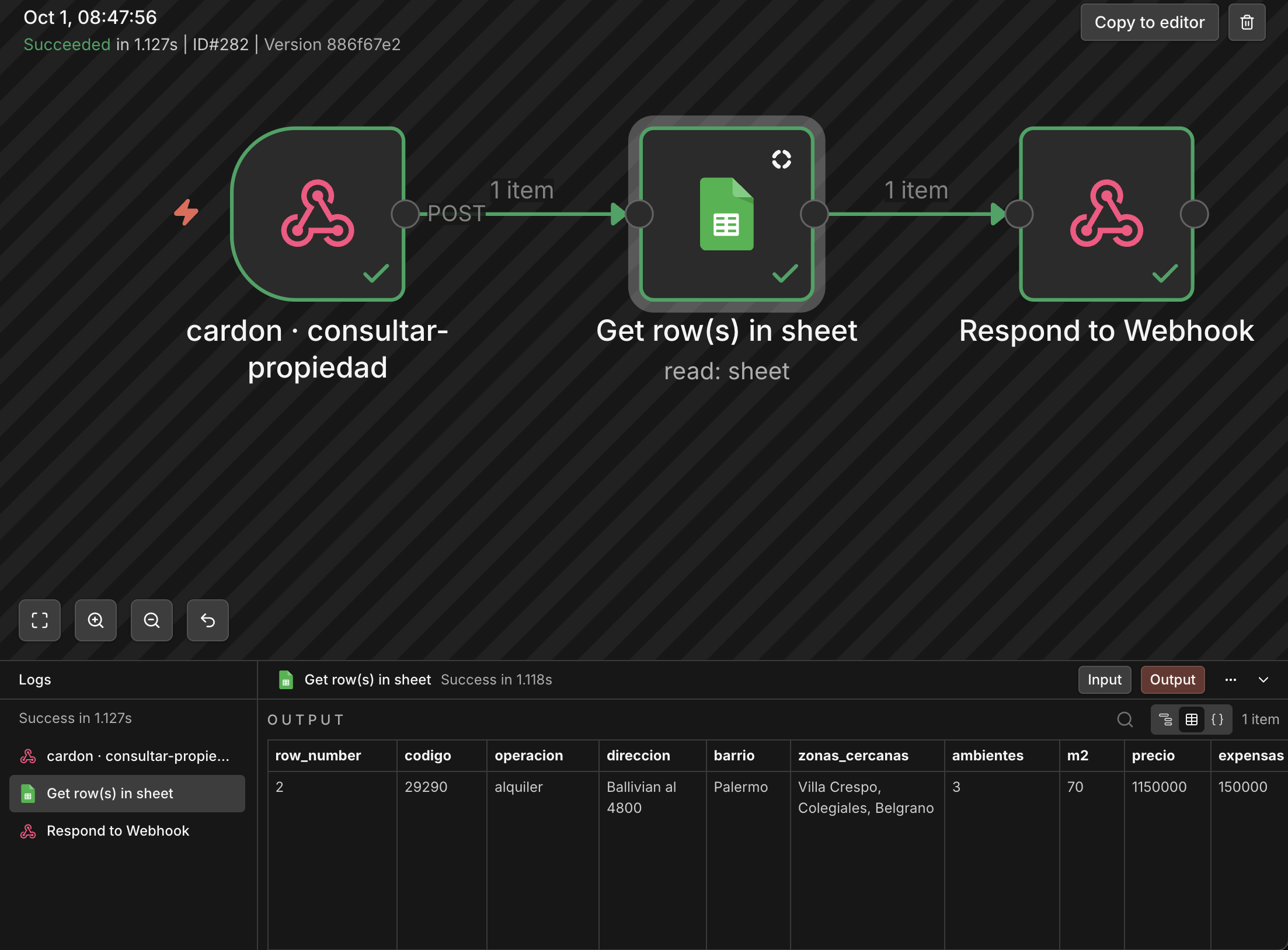Dos workflows en n8n, buscar-alternativas y consultar-propiedad, que leen la planilla