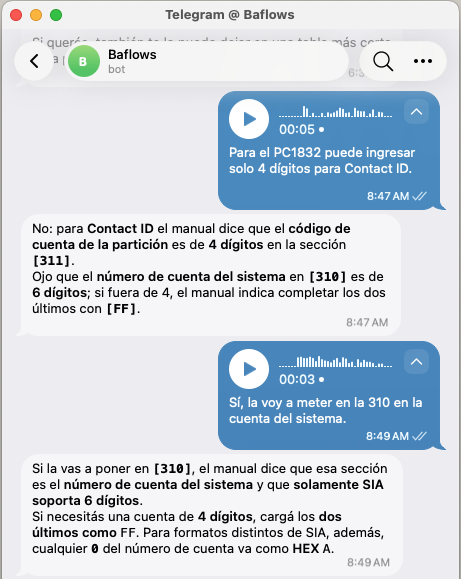 Captura del chat: la pregunta de Fede por la cuenta 1052 y la respuesta del agente con la carga en hexadecimal