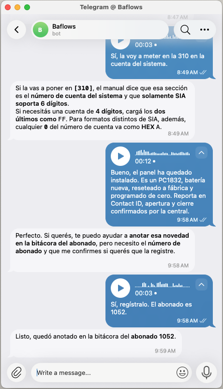 Captura del chat: el mensaje de voz de Fede y la confirmación del agente de que quedó anotado