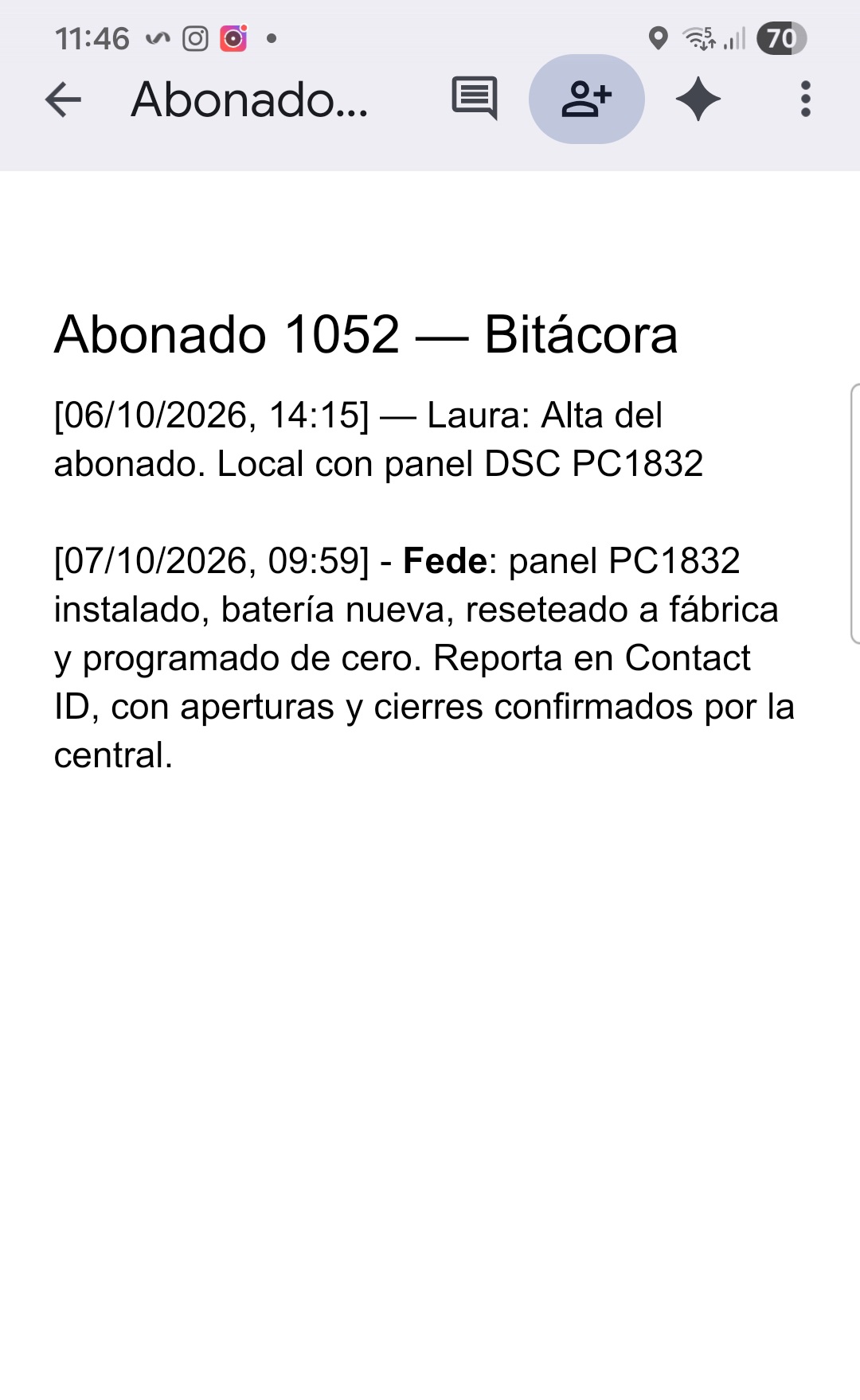 La bitácora del abonado en el documento compartido, con la entrada recién agregada por el agente