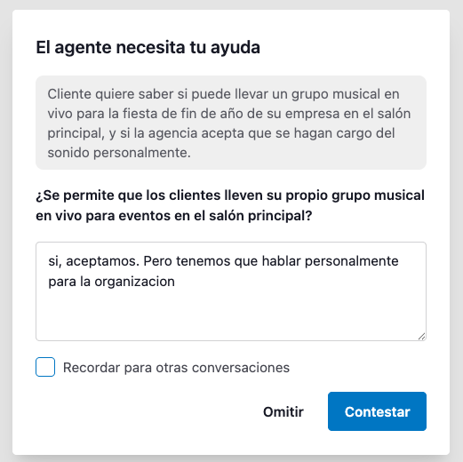 Modal del agente preguntando al negocio si acepta que el cliente lleve su propio grupo musical y se haga cargo del sonido