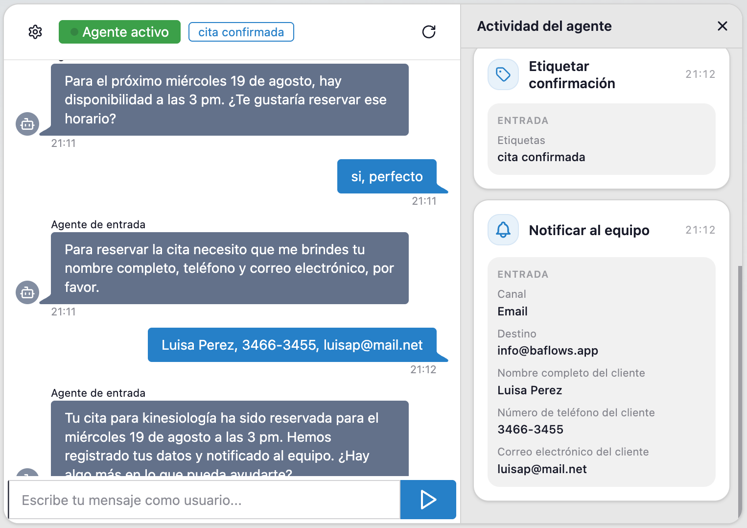 Panel de actividad del agente: etiqueta la conversación como cita confirmada y notifica al equipo por email con los datos del cliente